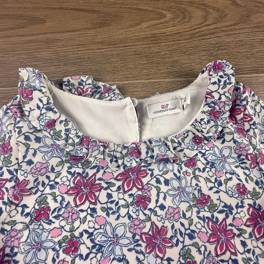 Vineyard Vines Girls Floral Tiered Dress Ruffle Collar Cream Lined XS 5-6 Party